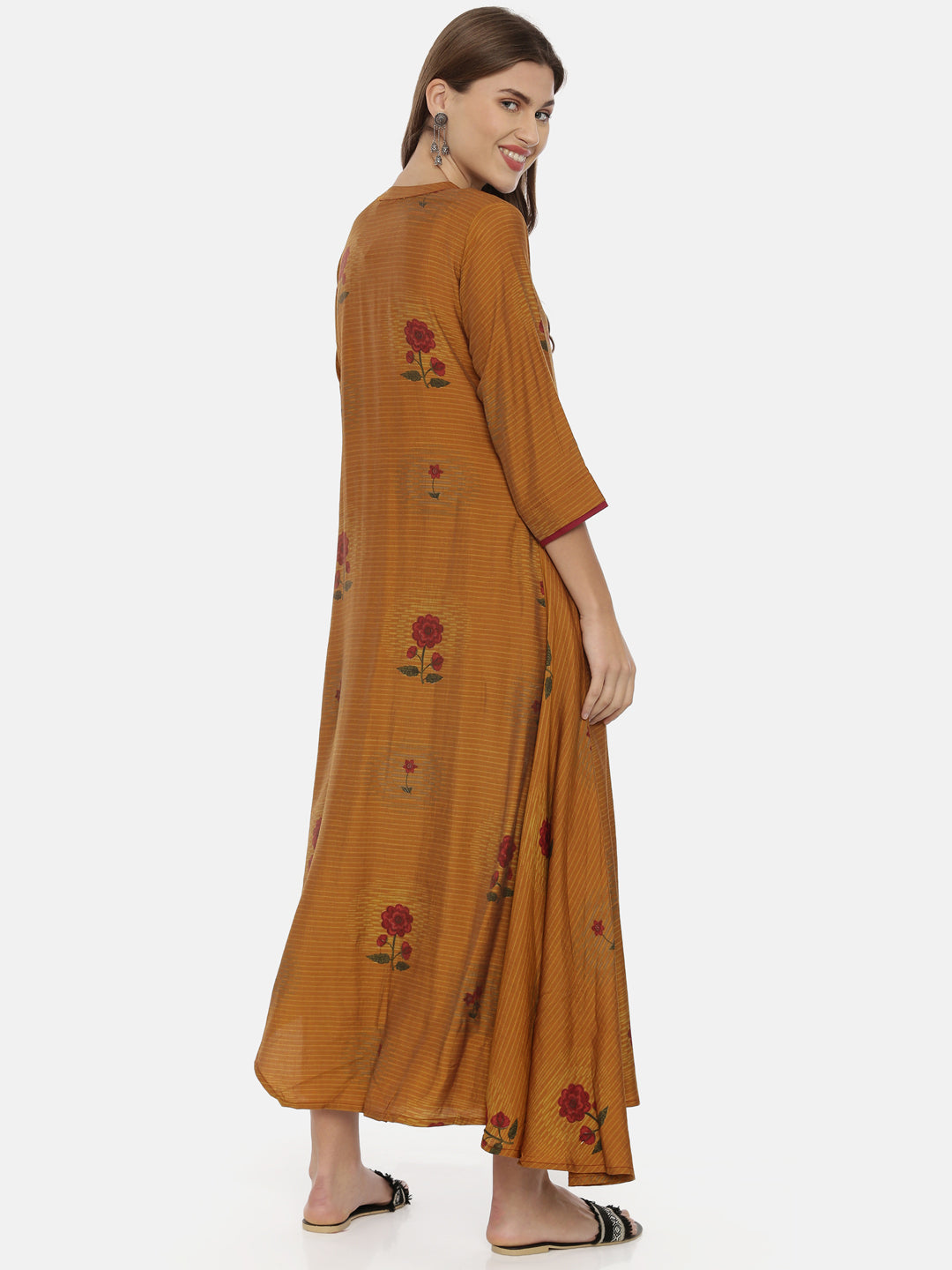 Neerus Brown muslin printed high-low kurta - detail view 2