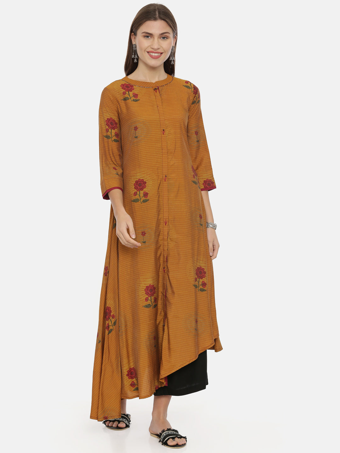 Neerus Brown muslin printed high-low kurta - detail view 3