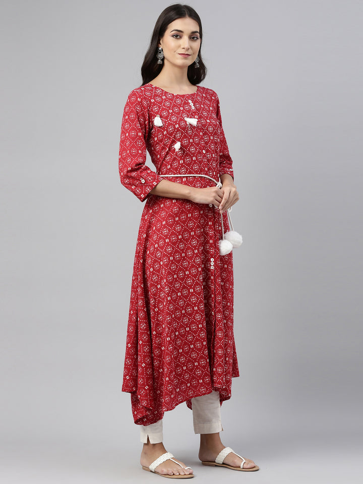 Neerus Maroon Color Cotton Fabric Tunic