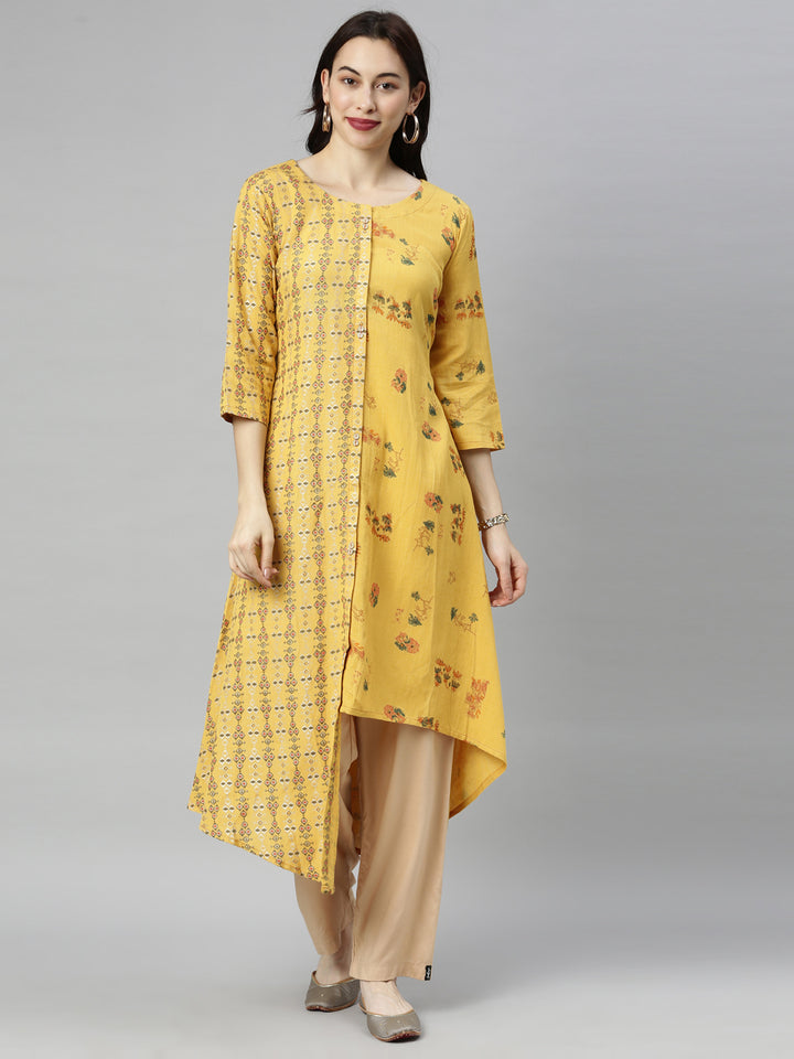 Neerus Yellow Printed High Low Kurta