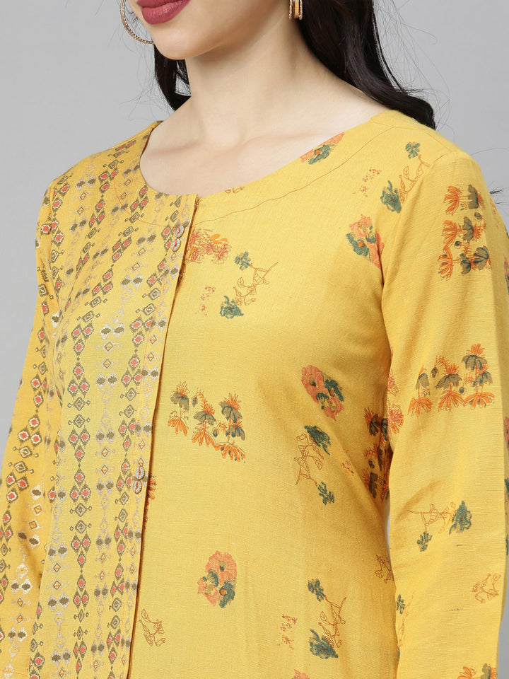 Neerus Yellow Printed High Low Kurta