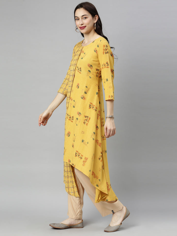 Neerus Yellow Printed High Low Kurta