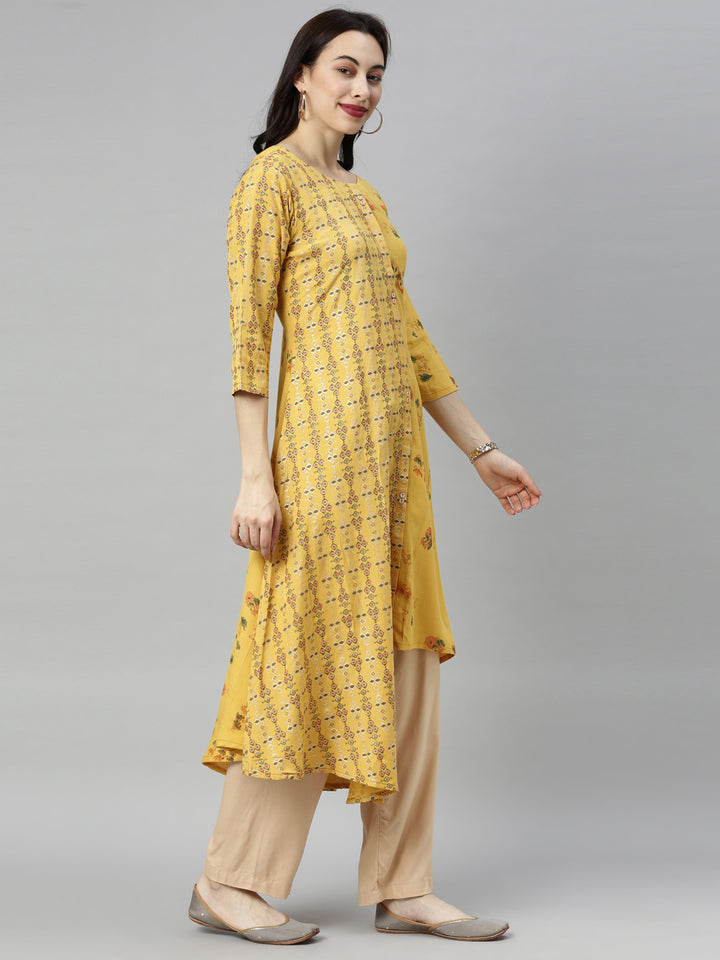 Neerus Yellow Printed High Low Kurta