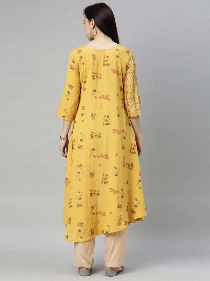 Neerus Yellow Printed High Low Kurta