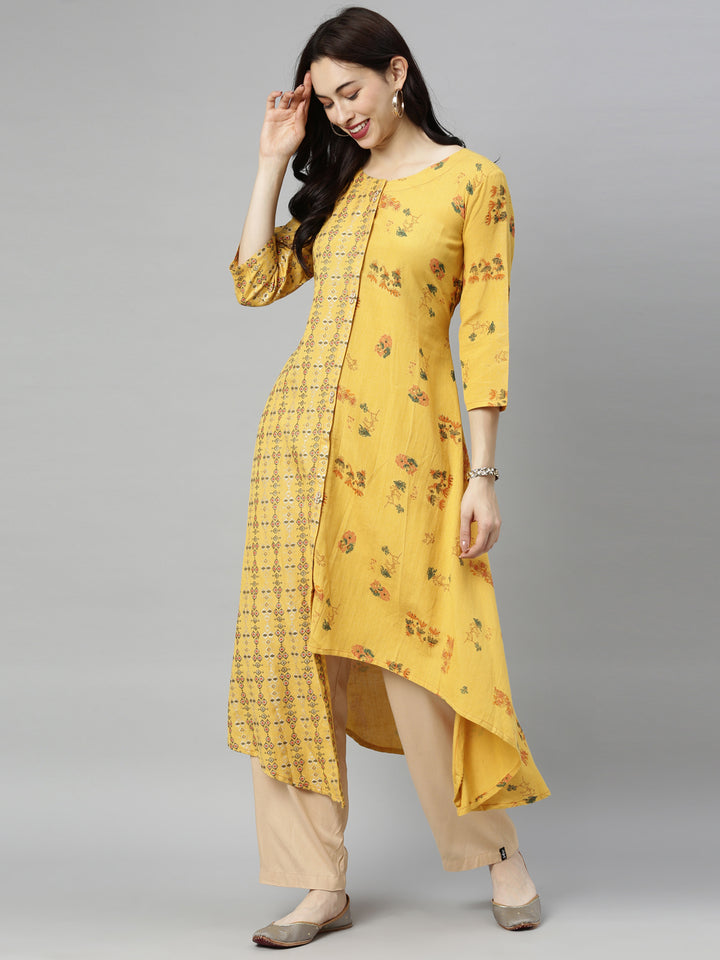 Neerus Yellow Printed High Low Kurta