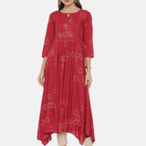 Neerus Red Printed High Low Kurta