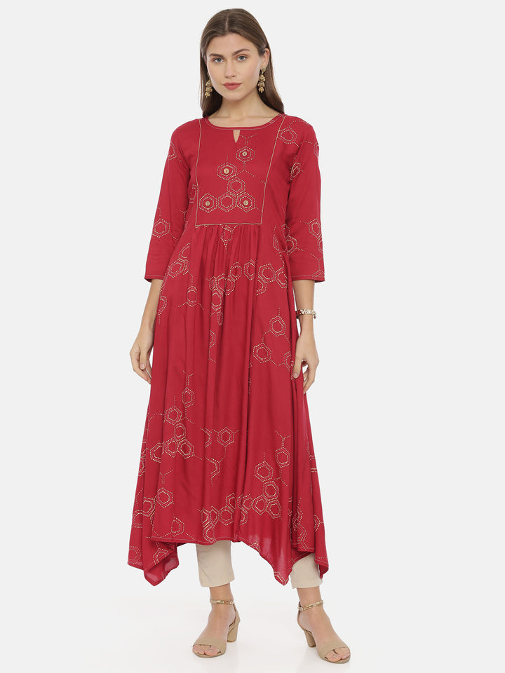 Neerus Red Printed High Low Kurta