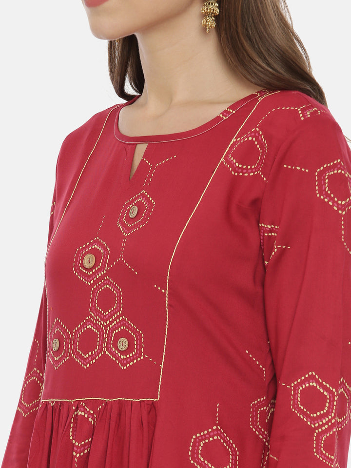 Neerus Red Printed High Low Kurta