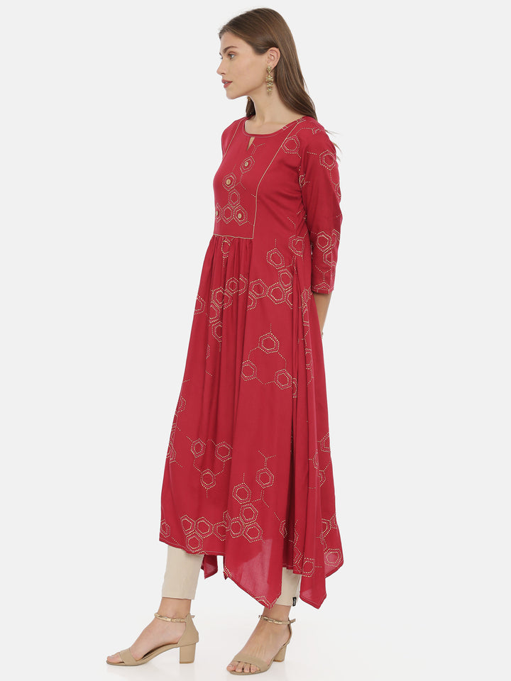Neerus Red Printed High Low Kurta