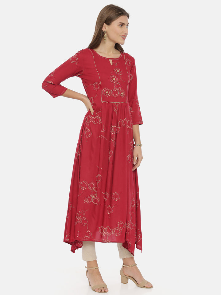 Neerus Red Printed High Low Kurta