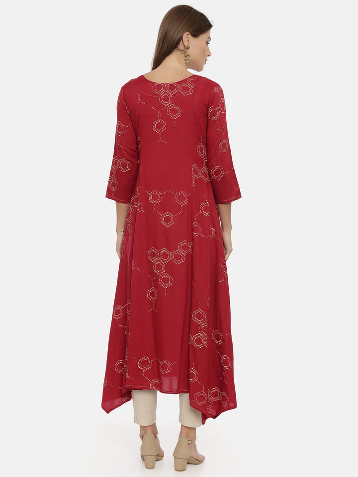Neerus Red Printed High Low Kurta
