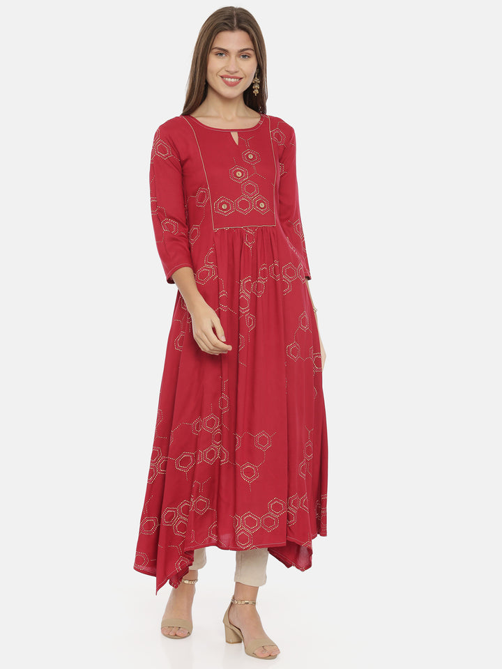 Neerus Red Printed High Low Kurta