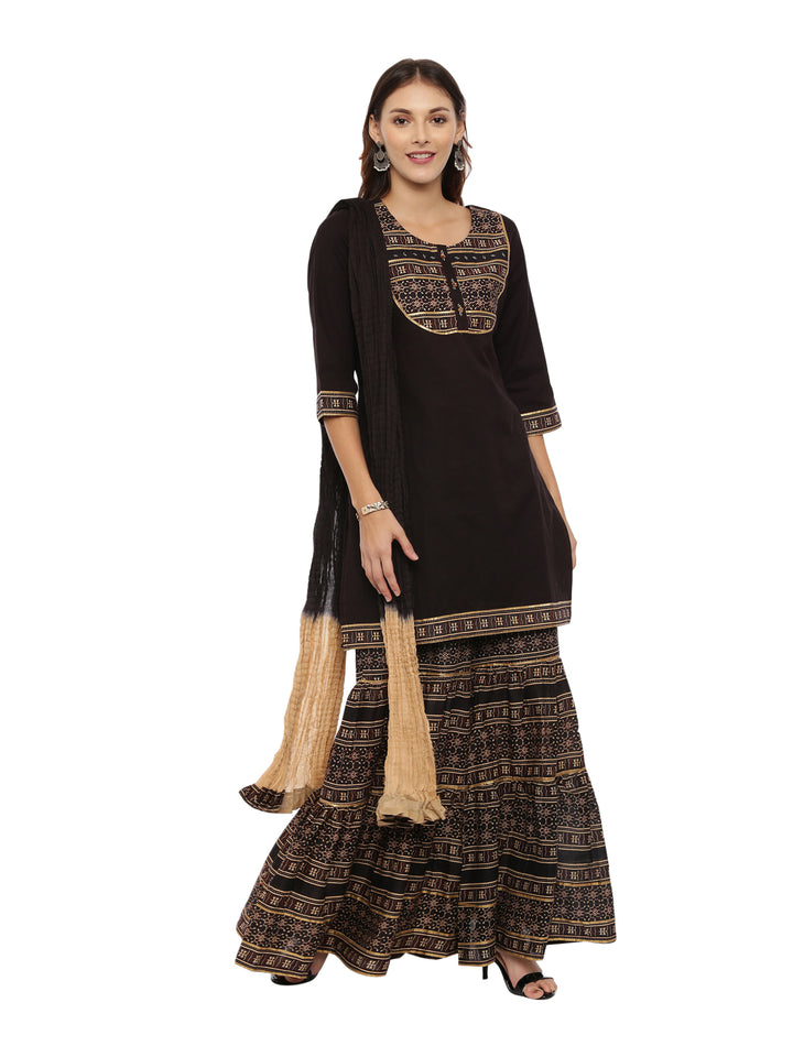 Neerus Brown Printed Kurta With Sharara & Dupatta