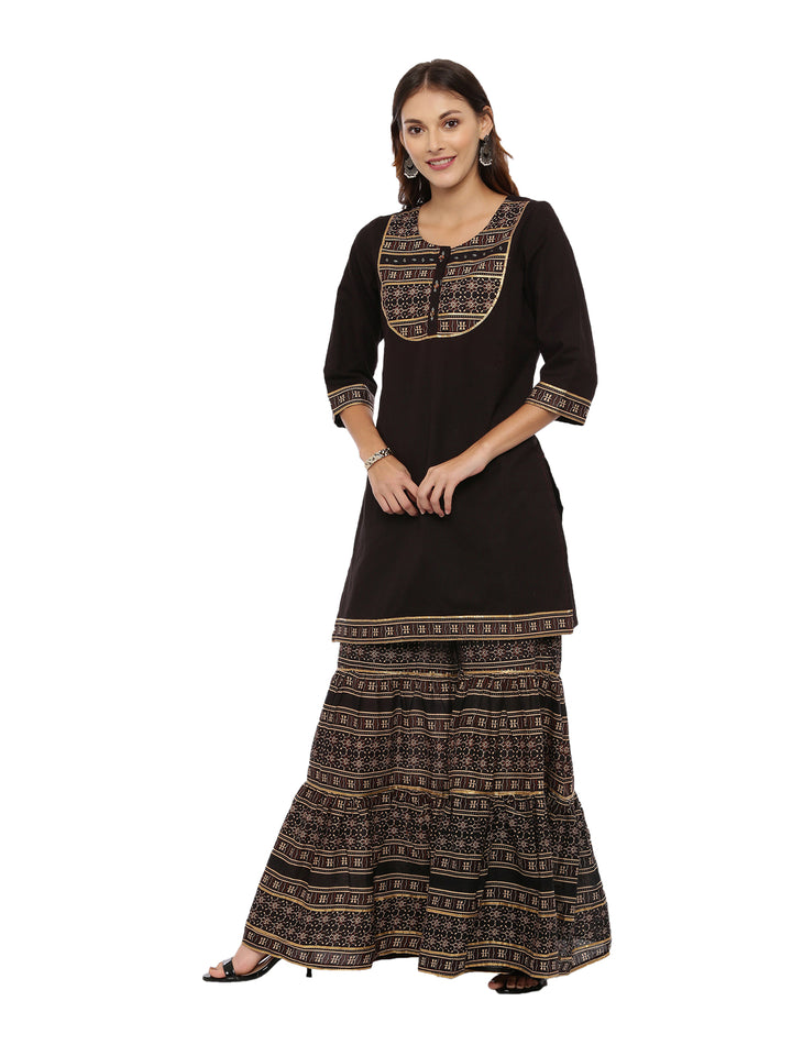 Neerus Brown Printed Kurta With Sharara & Dupatta
