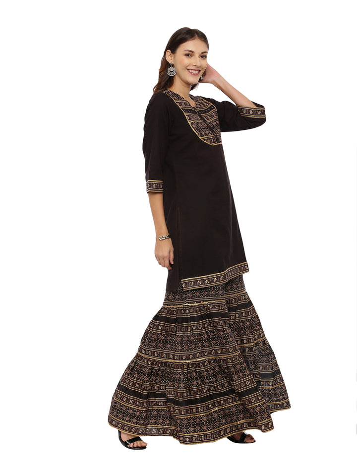 Neerus Brown Printed Kurta With Sharara & Dupatta