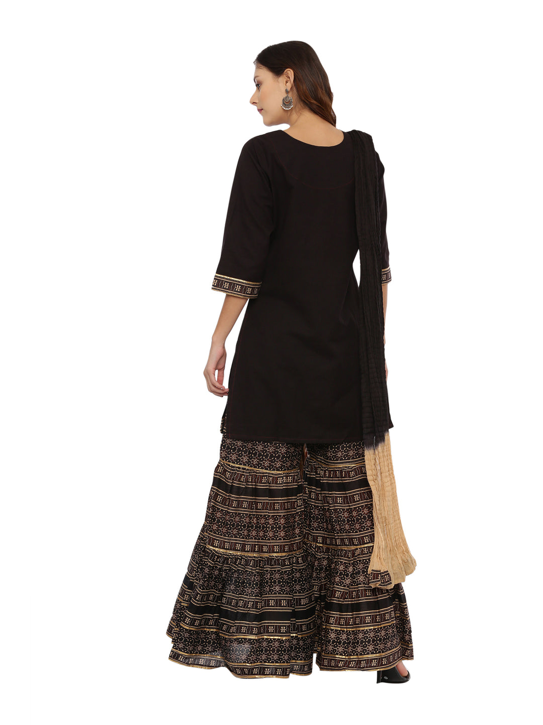 Neerus Brown Printed Kurta With Sharara & Dupatta