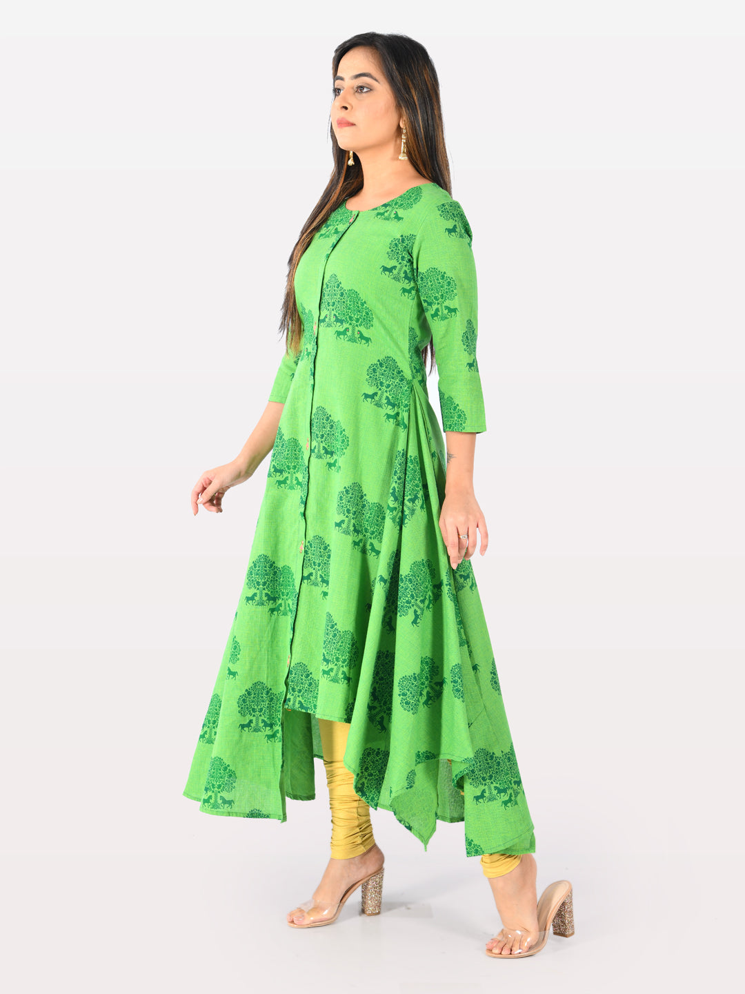 Neerus Green cotton printed high-low kurta - front view