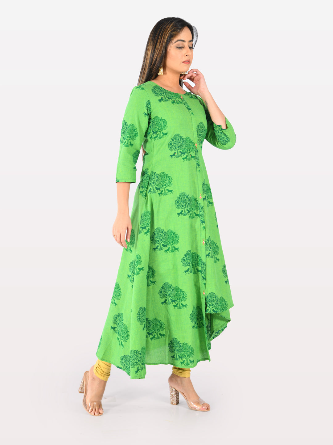 Neerus Green cotton printed high-low kurta - back view