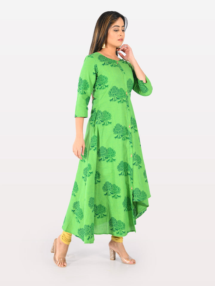 Neerus Green cotton printed high-low kurta - back view
