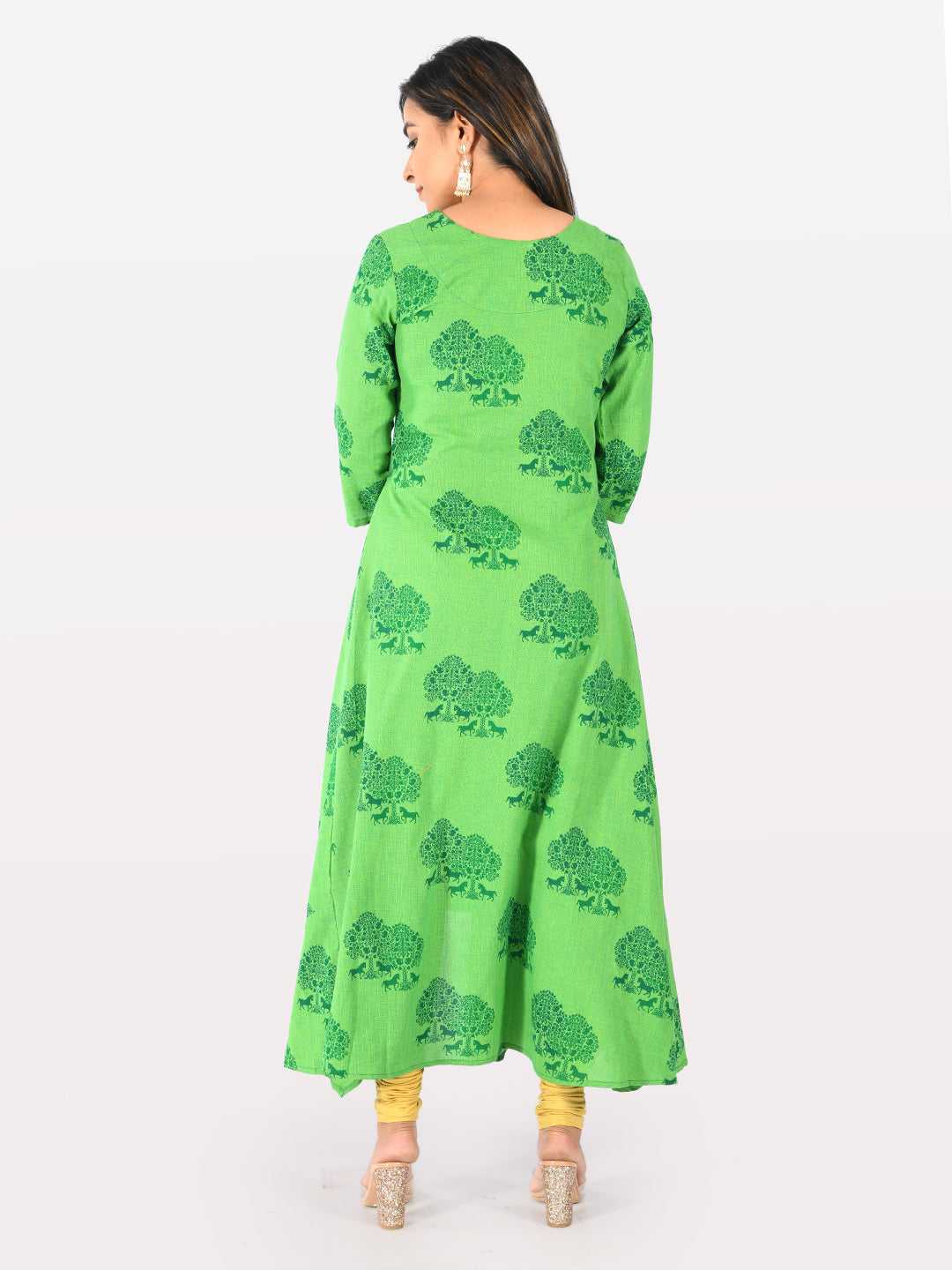 Neerus Green cotton printed high-low kurta - side view