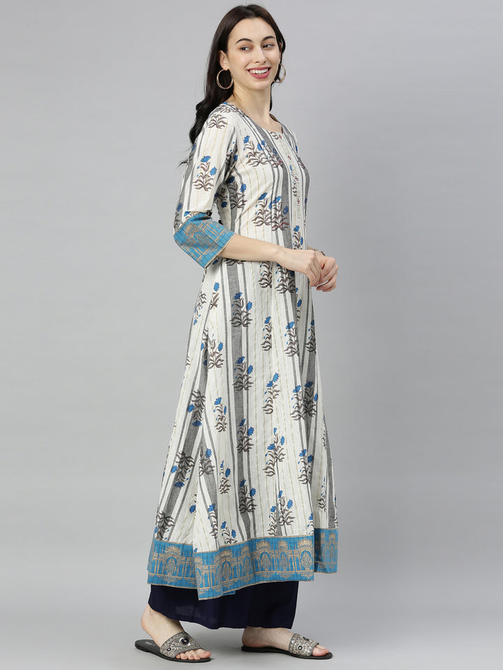 Neerus Grey Embroidered Flared Kurta
