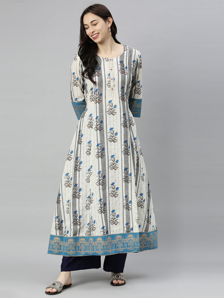 Neerus Grey Embroidered Flared Kurta