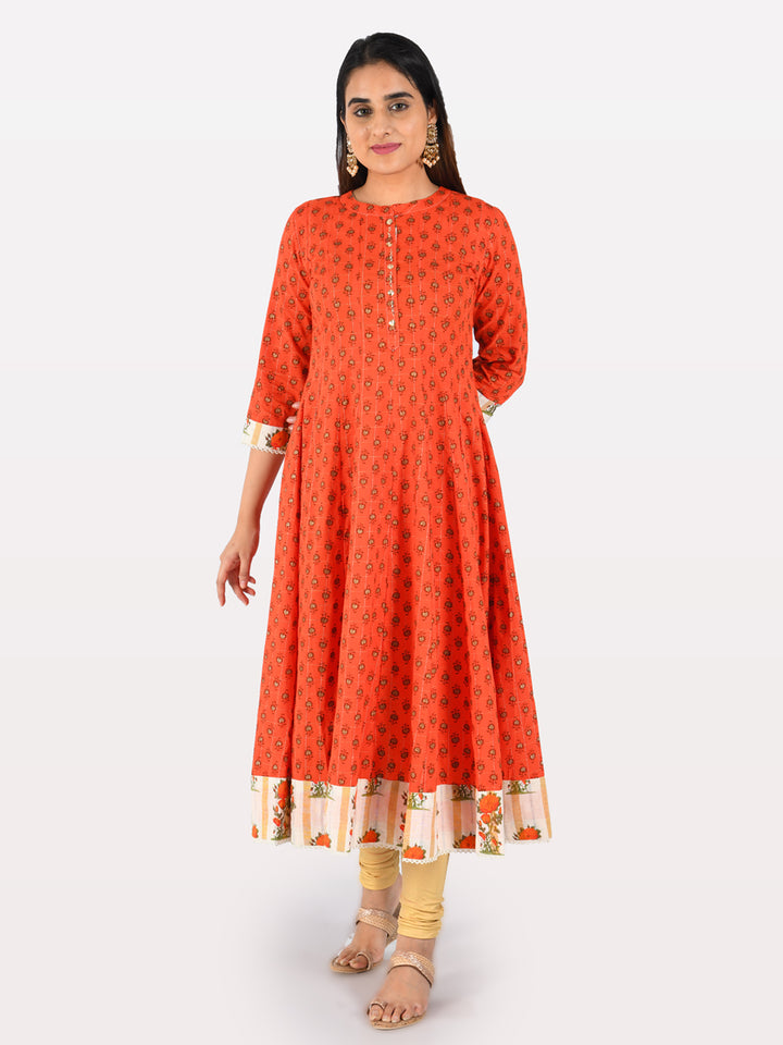 Neerus Orange & Cream Printed Kurta With Palazzo & Dupatta