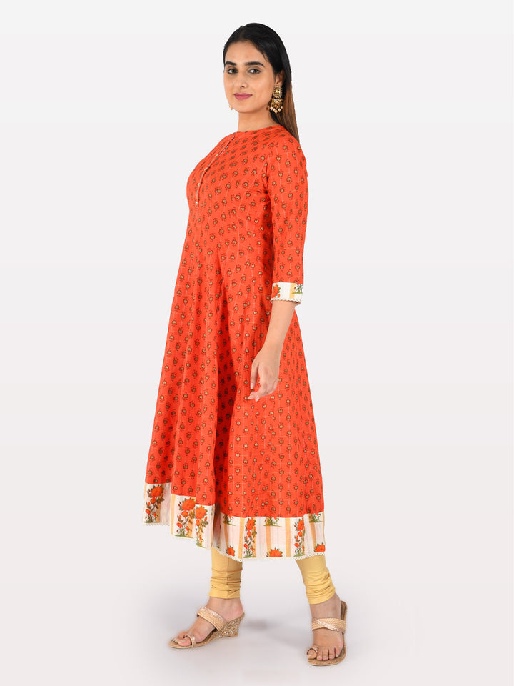 Neerus Orange & Cream Printed Kurta With Palazzo & Dupatta