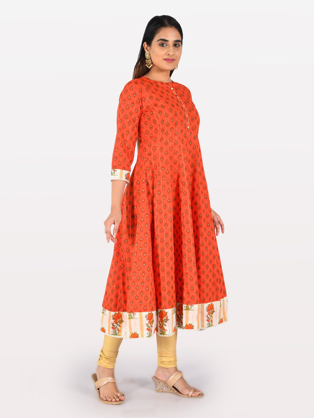 Neerus Orange & Cream Printed Kurta With Palazzo & Dupatta