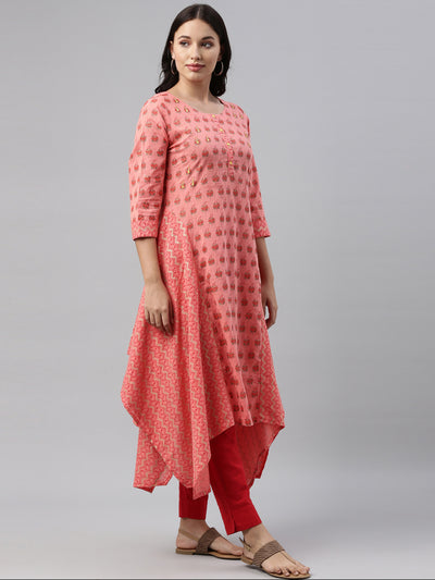Neeru's Pink Printed High Low Kurta