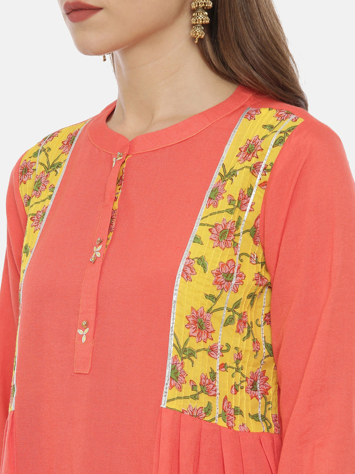 Neerus Coral Printed Flared Kurti