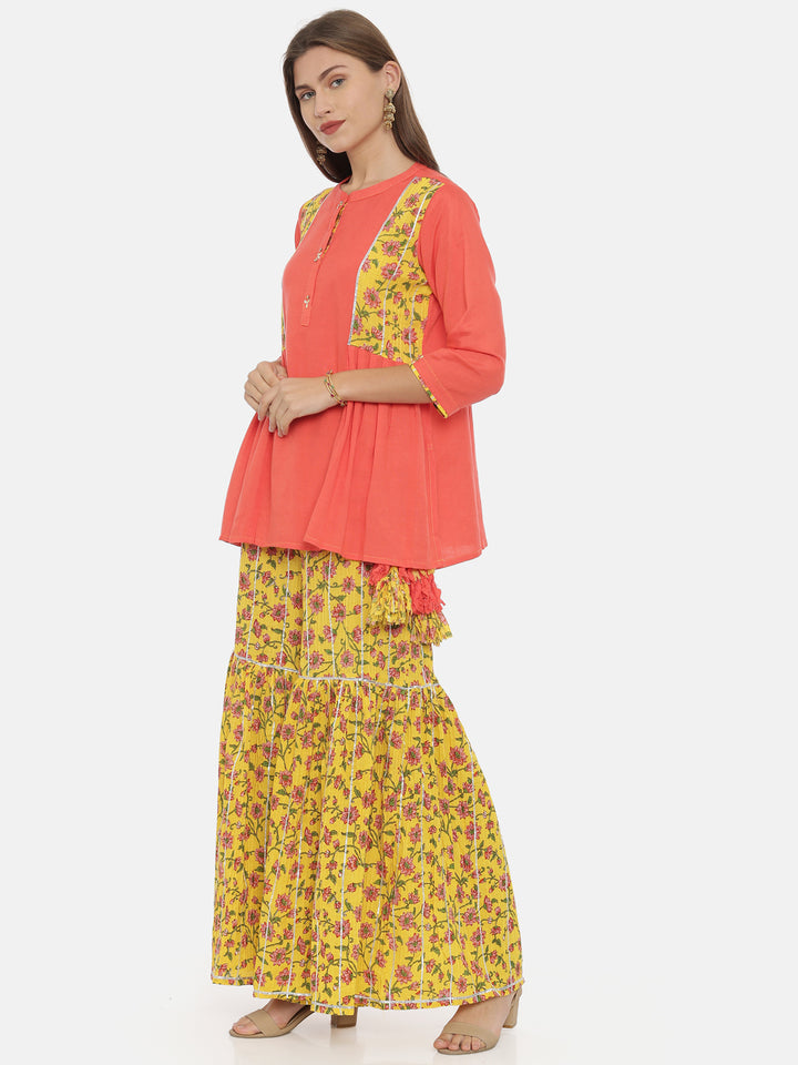 Neerus Coral Printed Flared Kurti