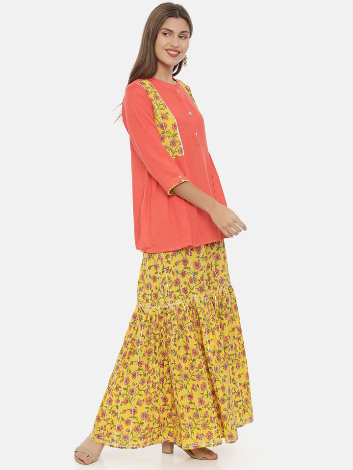Neerus Coral Printed Flared Kurti