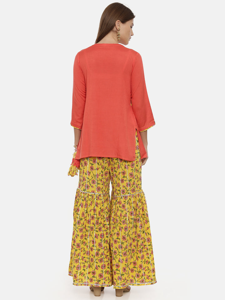 Neerus Coral Printed Flared Kurti