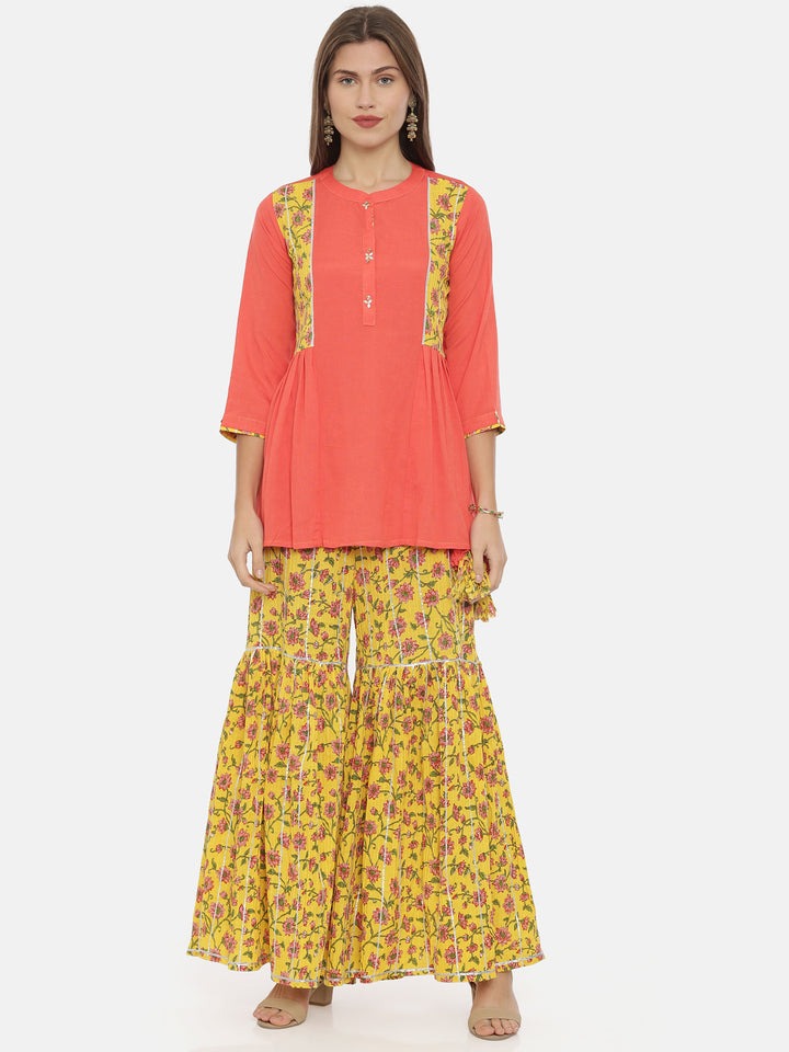 Neerus Coral Printed Flared Kurti