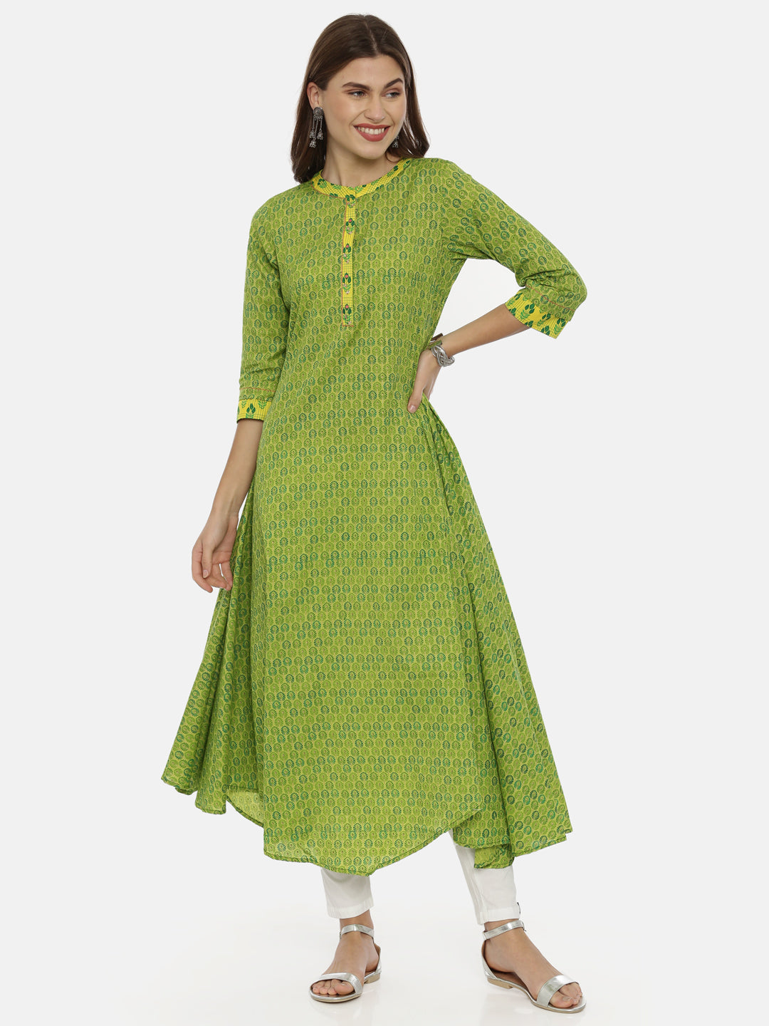 Neeru's Green Printed High Low Kurta