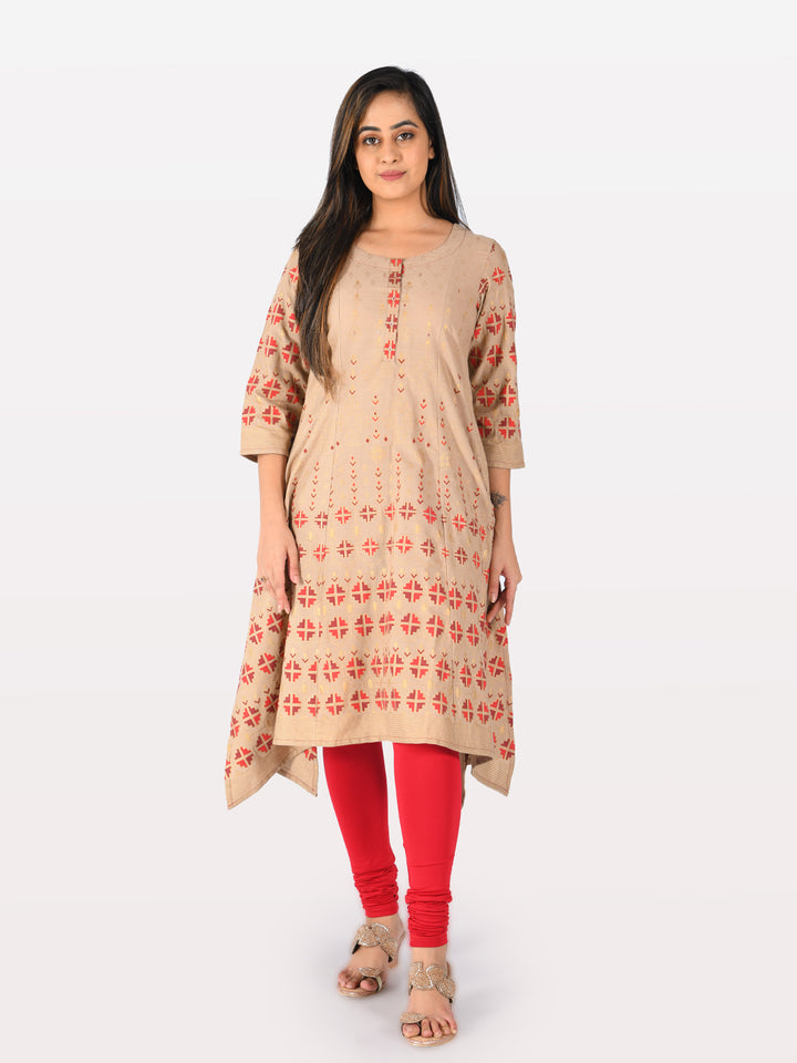Neerus Beige Printed High Low Kurta