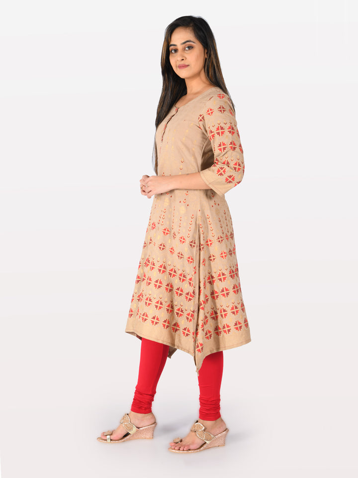 Neerus Beige Printed High Low Kurta