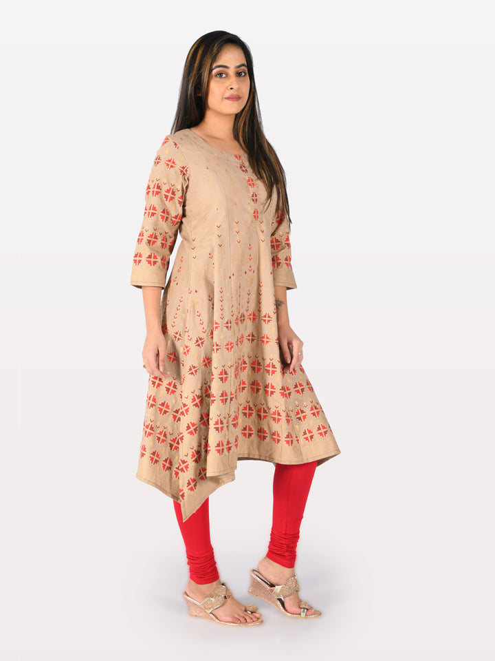 Neerus Beige Printed High Low Kurta