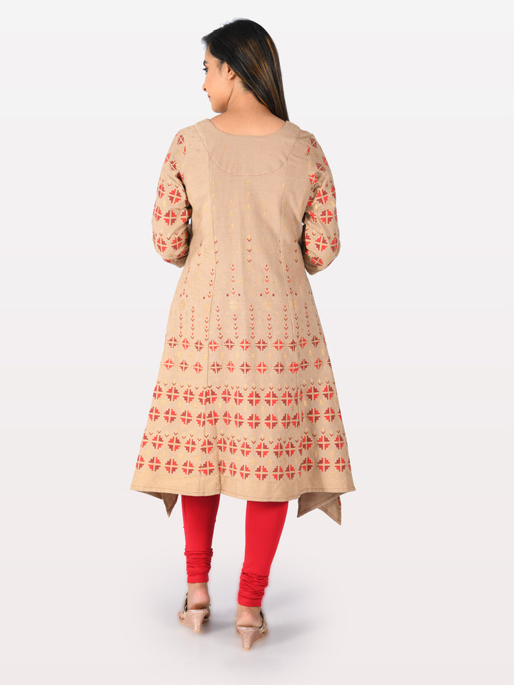 Neerus Beige Printed High Low Kurta