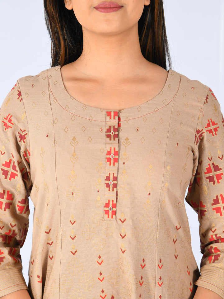 Neerus Beige Printed High Low Kurta