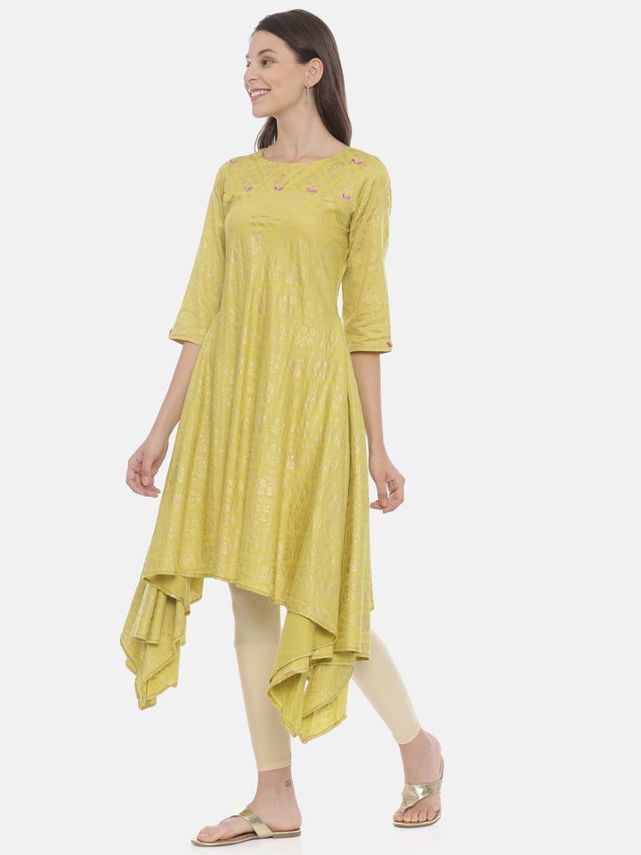 Neerus Green cotton printed high-low kurti - side view
