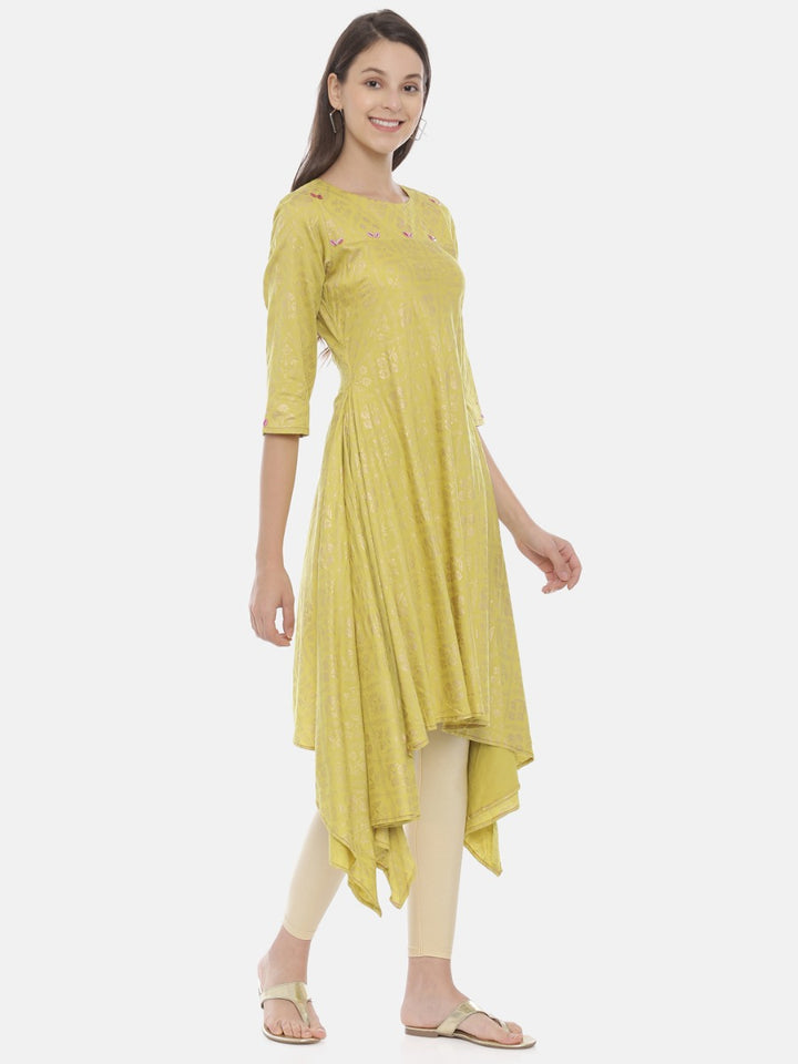 Neerus Green cotton printed high-low kurti - detail view 1