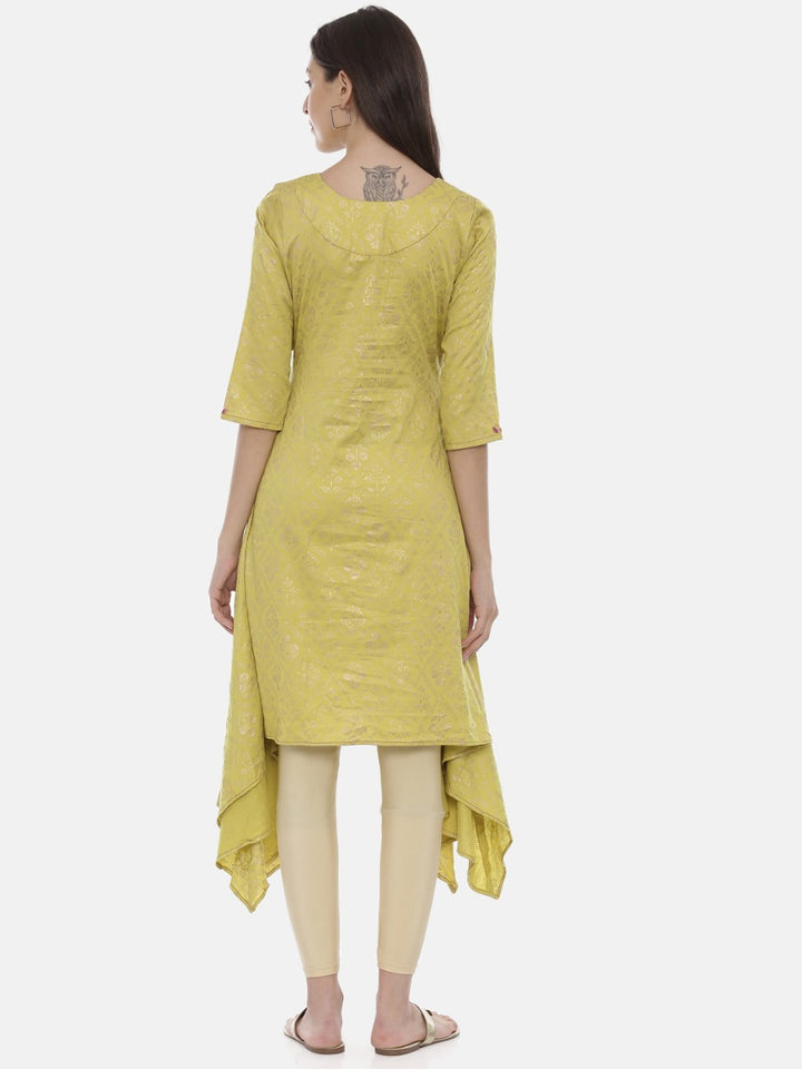 Neerus Green cotton printed high-low kurti - detail view 2