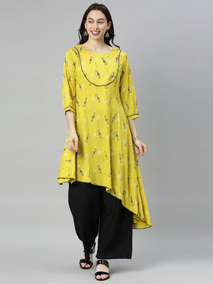 Neerus Green Printed High Low Kurta