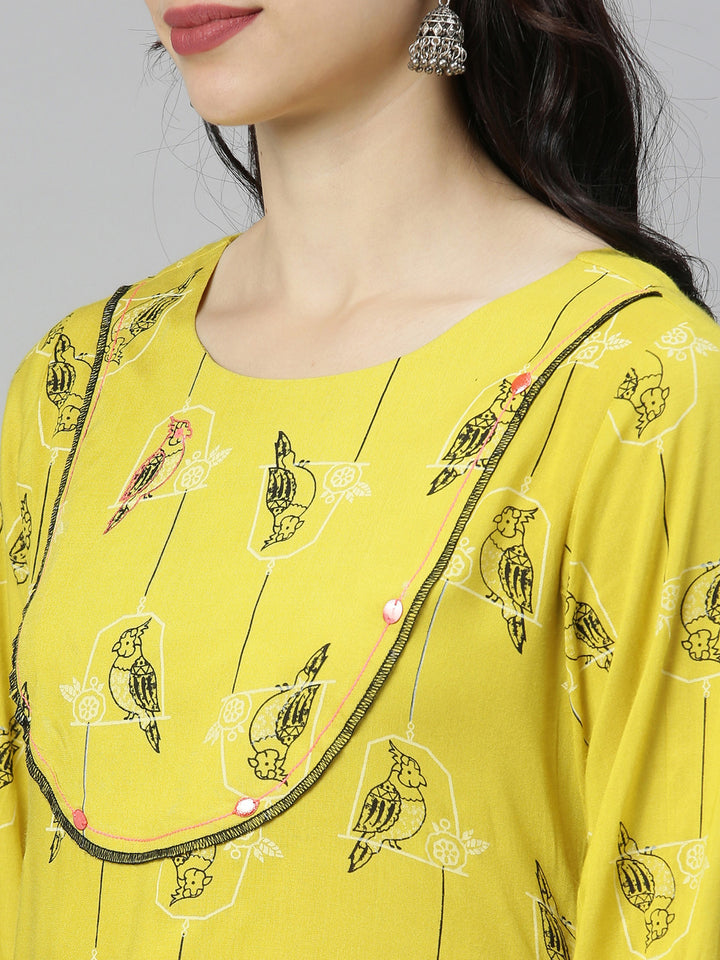 Neerus Green Printed High Low Kurta