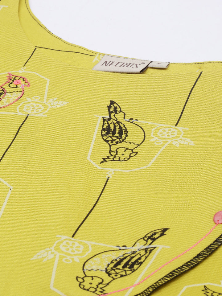 Neerus Green Printed High Low Kurta