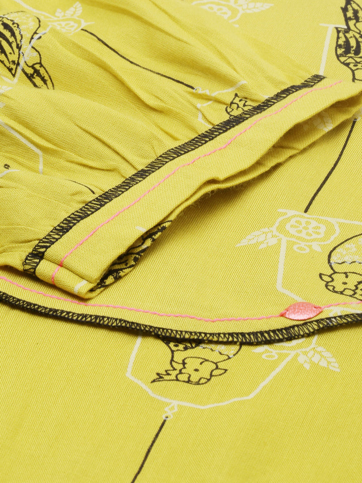 Neerus Green Printed High Low Kurta