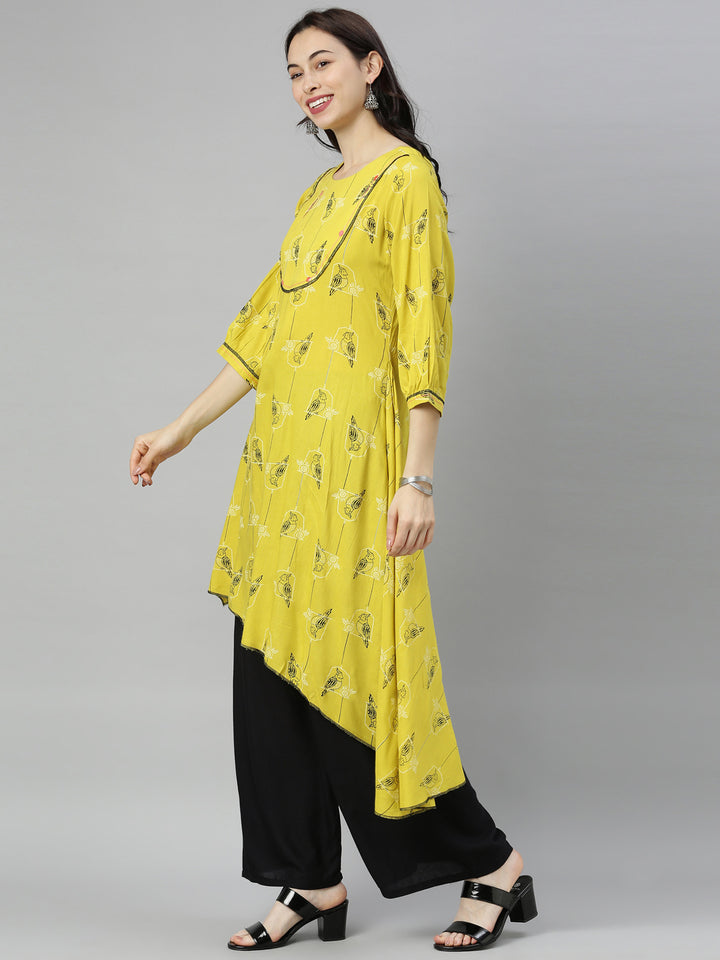 Neerus Green Printed High Low Kurta