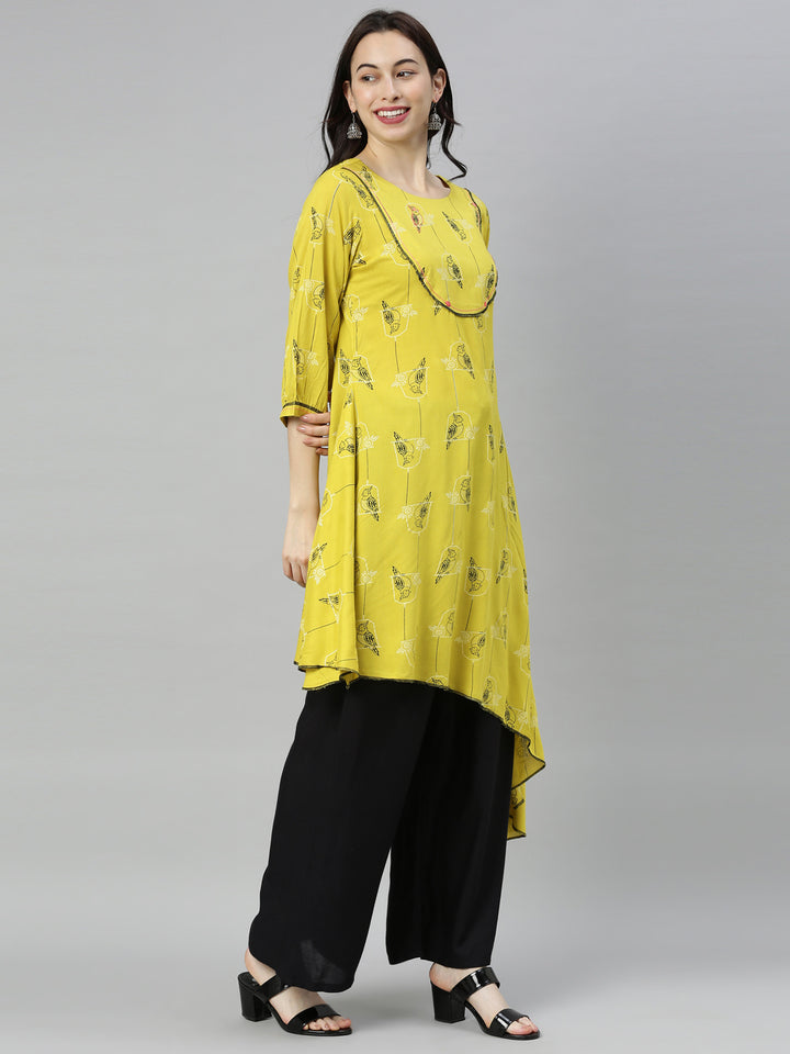 Neerus Green Printed High Low Kurta
